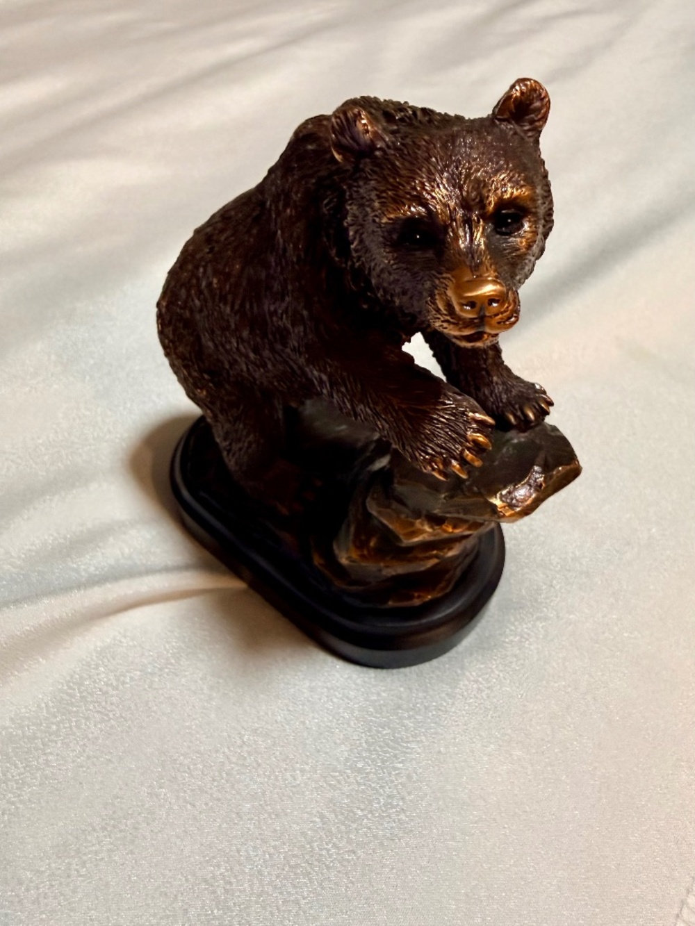 Bronze Finish Grizzly Bear Figurine on Rock Black Base Wildlife Statue 5.5”